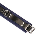 Cerulean Dominion:Blue leather handcuffs with silver hardware