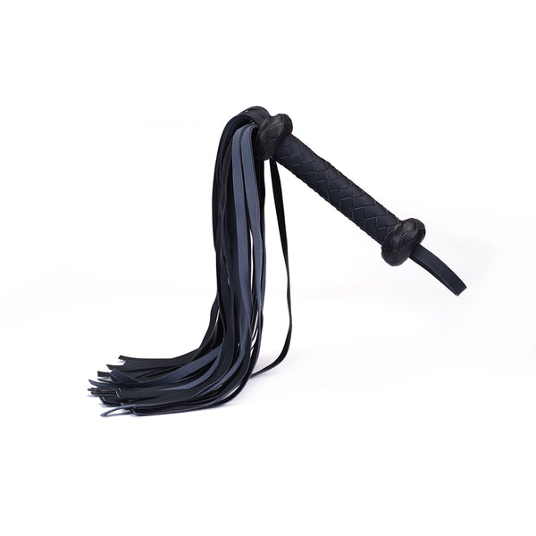 Vegan leather flogger with braided handle for ethical bondage play, part of vegan fetish collection