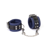 Cerulean Dominion:Blue leather handcuffs with silver hardware