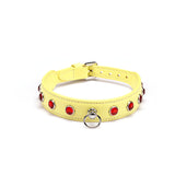 Liebe Seele premium leather choker with diamonds in yellow, featuring red stones and silver hardware for fashion and bondage wear