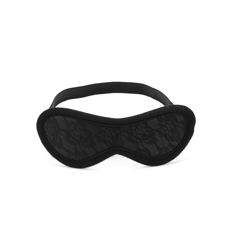 Black lace blindfold included in Bound You Beginner's Bondage Kit for sensory deprivation play.