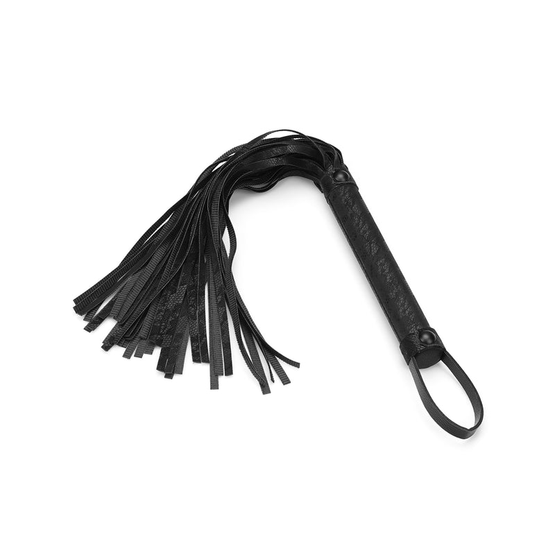 Beginner's black flogger included in the Bound You Lace and Neoprene Bondage Kit for BDSM exploration.