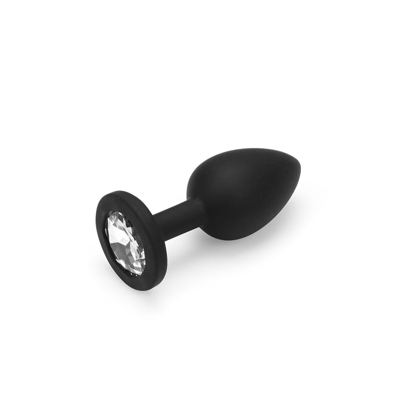 Black silicone butt plug with jeweled base from the Bound You beginner's bondage kit.