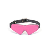 Rose red Italian leather blindfold with adjustable black strap and gold buckle, perfect for fashionable bondage accessory