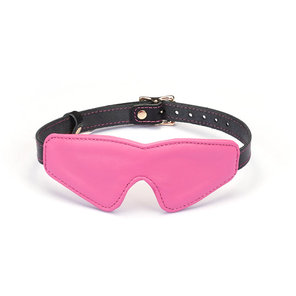Italian leather blindfold in rose red, featuring adjustable strap and buckle, perfect for fashion-forward bondage enthusiasts