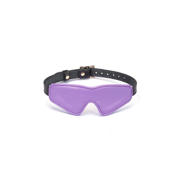 Premium Italian leather blindfold in purple with adjustable buckle strap, designed for both beginner and advanced fashion enthusiasts