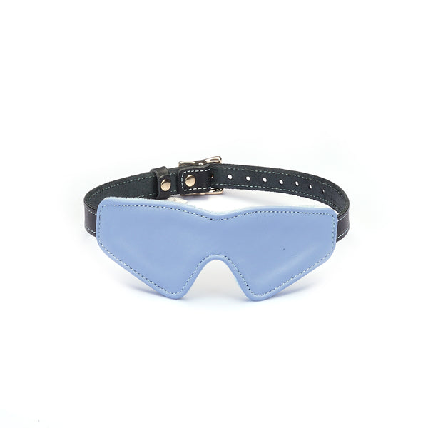 Light blue Italian leather blindfold with adjustable buckle, featuring premium cow leather and stylish design for fashionable bondage accessories