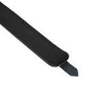 Close-up of black leather strap with soft lining for BDSM collar, showcasing detailed craftsmanship and stitch quality