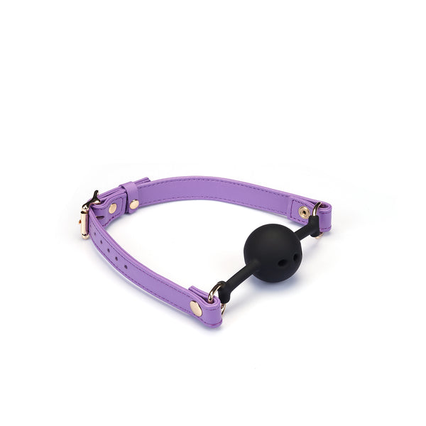 Italian Leather Breathable Ball Gag in Purple from LIEBE SEELE, featuring adjustable straps and comfortable design for fashion-forward social expression
