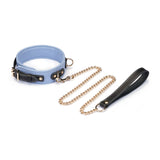 Italian leather collar in light blue with adjustable buckle and gold chain leash with leather handle for bondage play