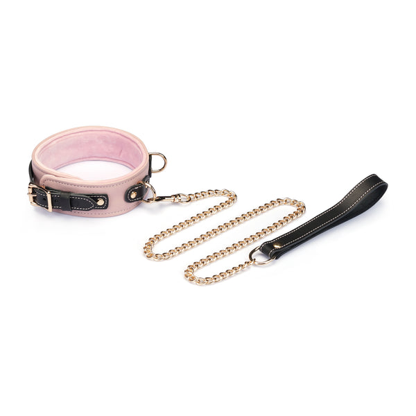 Italian Leather Wrist to Collar Set in Pink with Gold Chain and Black Handle, adjustable fashion accessory for dopamine dressing trend
