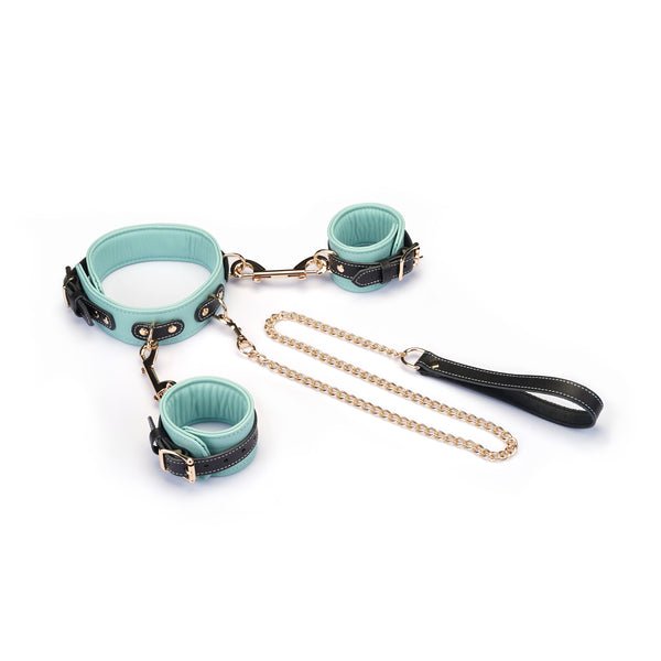 Italian Leather Wrist to Collar Set in Green, featuring adjustable handcuffs and collar linked by a stylish gold chain, suitable for fashionable bondage wear