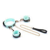 Italian Leather Wrist to Collar Set in light green with gold-tone chain and black handle, adjustable for comfort and style