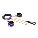 Italian leather wrist to collar set in purple with gold-tone chain link and adjustable buckles, perfect for stylish bondage fashion