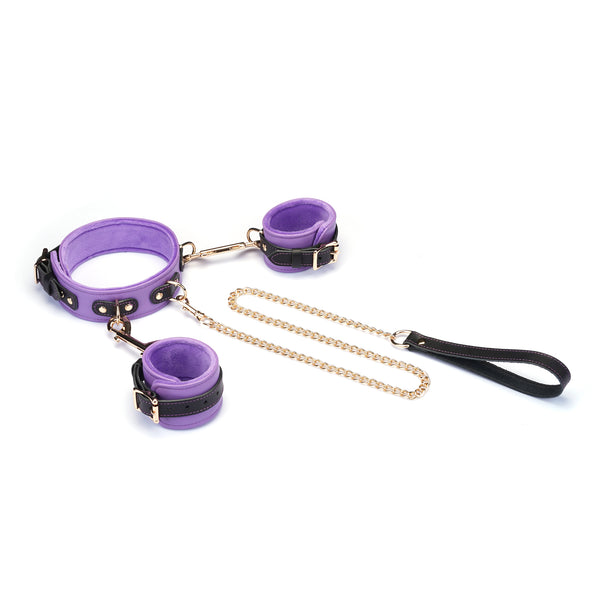 Italian leather wrist to collar bondage set in purple featuring adjustable gold chain and comfortable fit, perfect for stylish bondage fashion