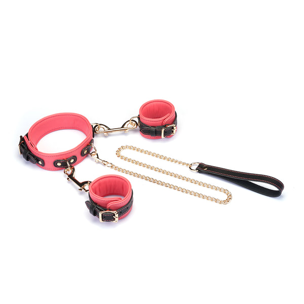 Italian Leather Wrist to Collar Set in Red with Golden Chains, featuring adjustable premium cow leather cuffs and collar for comfortable fit