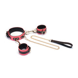 Italian Leather Wrist to Collar Set in Red featuring gold-tone hardware and adjustable straps for comfortable fit