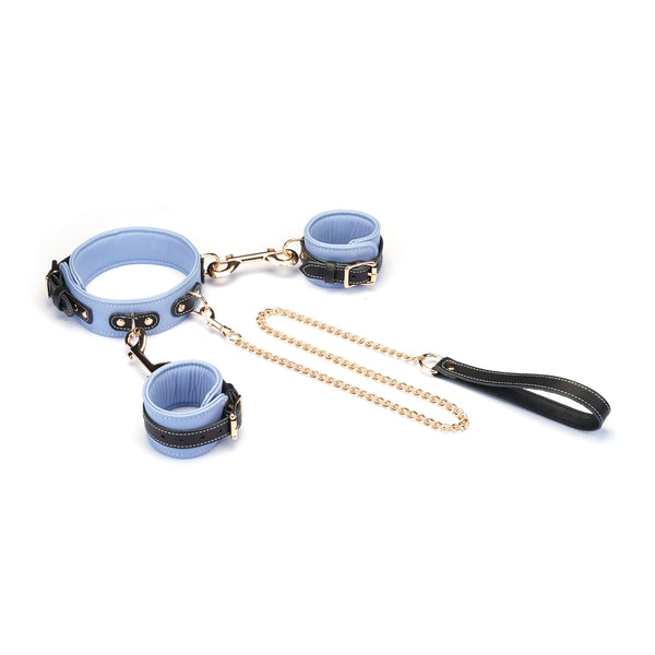Italian Leather Wrist to Collar Set in Light Blue with gold chain and black handle, adjustable and fashionable bondage accessory