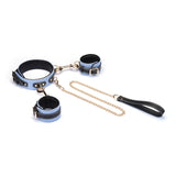 Italian Leather Wrist to Collar Set in Light Blue with Golden Chain and Leather Handle for Fashionable Bondage Style