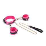 Rose red Italian leather wrist to collar set with metal chain and black leather handle for bondage