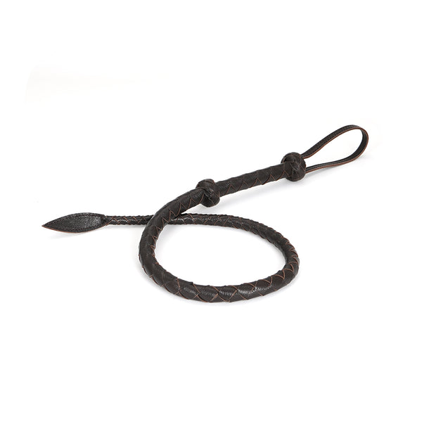 Brown leather bullwhip from Wild Gent collection, braided design with looped handle and pointed tip for BDSM play