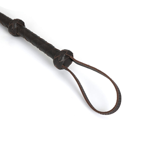 Brown leather bullwhip from Wild Gent collection, featuring a braided handle and pointed loop tip for BDSM play