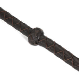 Close-up view of braided brown leather bullwhip with knot detail, part of the Wild Gent collection for BDSM play