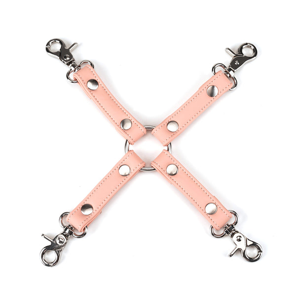 Pink vegan leather hog tie with silver hardware for bondage, part of the Dark Candy collection