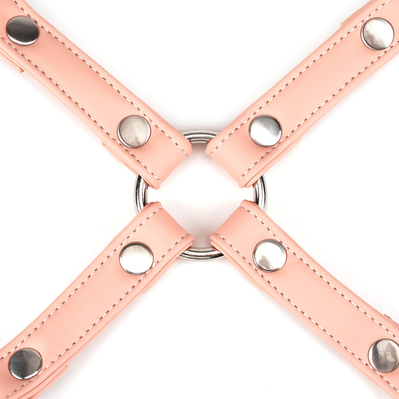 Pink vegan leather hog tie with silver hardware from the Dark Candy collection, ideal for bondage play