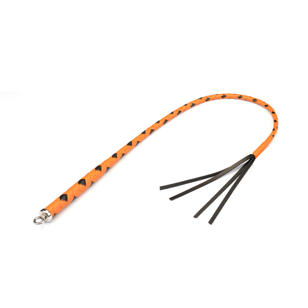 Orange and black hand-made leather whip with metal handle and tassel, 100 cm long, ideal for professional dominatrix use in controlled punishment and teasing.