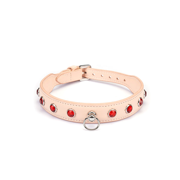 Liebe Seele Premium Leather Choker with Diamonds Pink, featuring red gemstones and a central metal D-ring, bright and fashionable for dopamine style