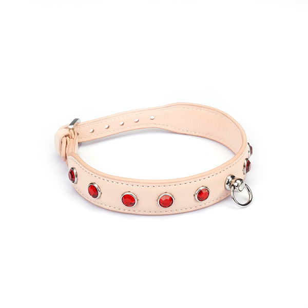 Liebe Seele premium pink leather choker with red gemstones and adjustable buckle for fashion and SM play