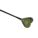 Luxury green leather riding crop with gemstone details and black handle, ideal for BDSM and erotic experimentation