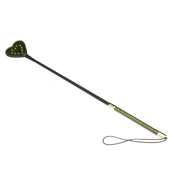 Luxury green leather riding crop with gemstone handle and heart-shaped end for erotic play