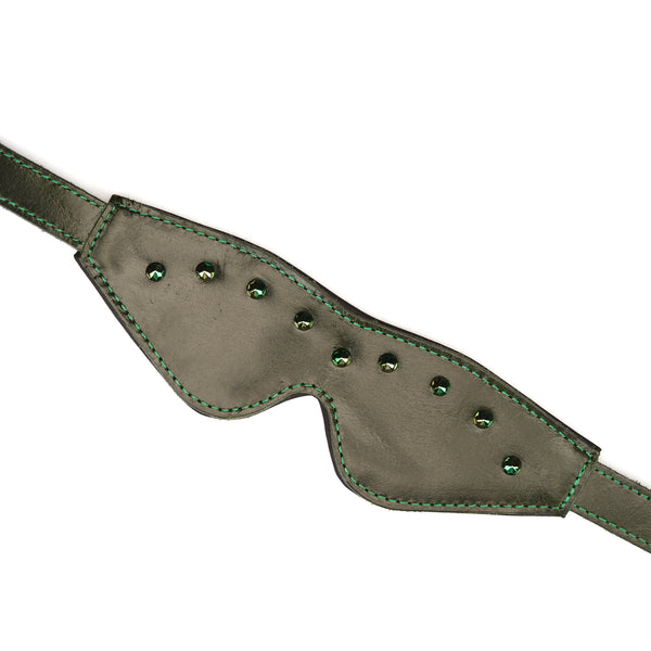 Luxury green leather blindfold with gemstones, detailed stitching for bondage play, item BF-80852GR