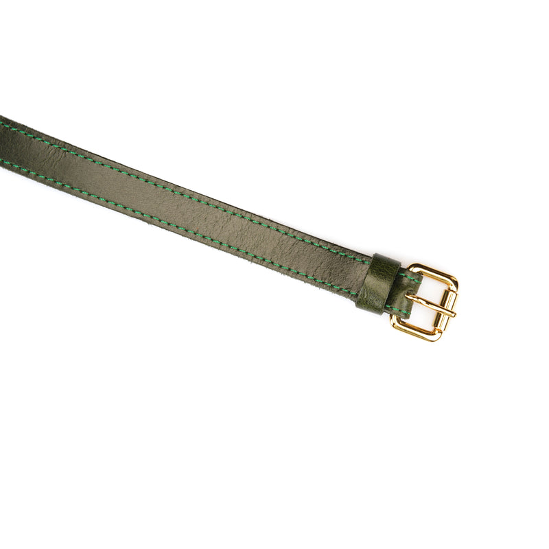 Close-up of green leather strap with gold buckle for luxury fetish products