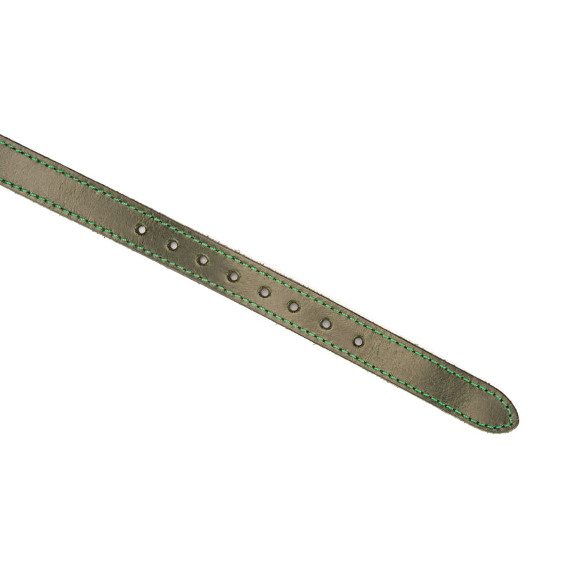 Luxury green leather strap with adjustment holes and light green stitching, part of a bondage accessory