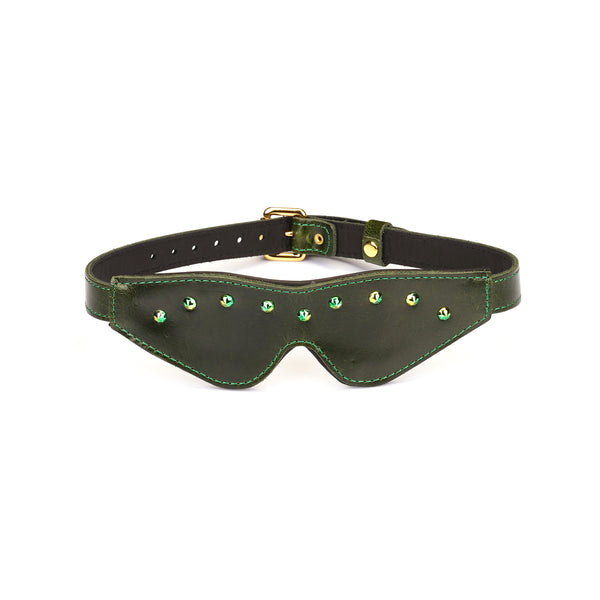 Luxury green leather blindfold with gemstone embellishments, adjustable strap and gold-tone buckle, model BF-80852GR for erotic experiments and sexual play
