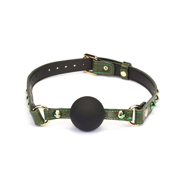 Luxury green leather ball gag with gemstone accents for bedroom bondage play