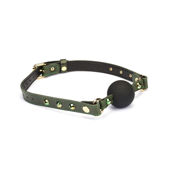 Luxury green leather ball gag with gemstone accents for erotic bondage play