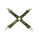 Luxury green cow leather hogtie with gemstone accents and metal clips, product number HT-80861GR for bondage play