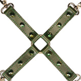 Luxury green leather hogtie with gemstone embellishments for bondage play, item HT-80861GR