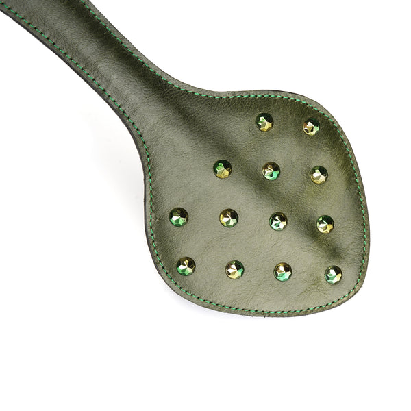 Luxury green leather paddle with gemstones from LIEBE SEELE, emphasizing premium craftsmanship and erotic experimentation