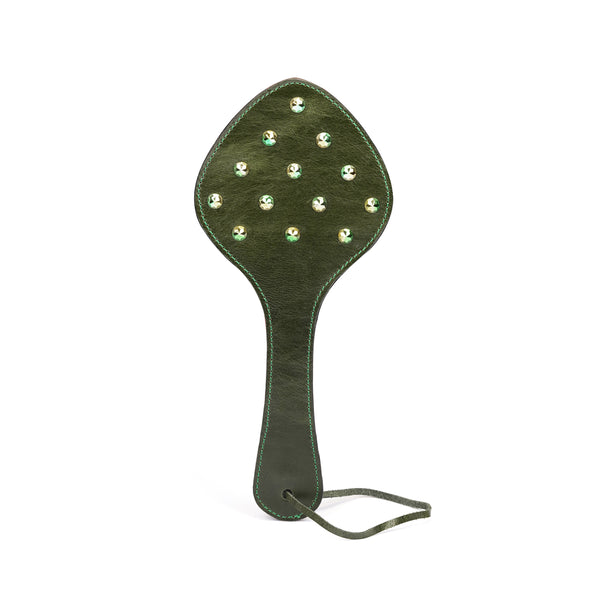 Luxury green leather paddle with gemstones for BDSM play, premium cow leather product from LIEBE SEELE