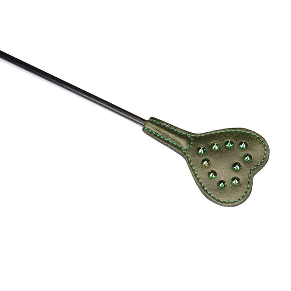 Luxury green leather mini crop with gemstone embellishments, ideal for erotic experiments and enhancing bondage play