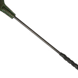 Luxury green leather mini crop with gemstones, featuring a detailed handle and a sleek black shaft for erotic play and experiments.