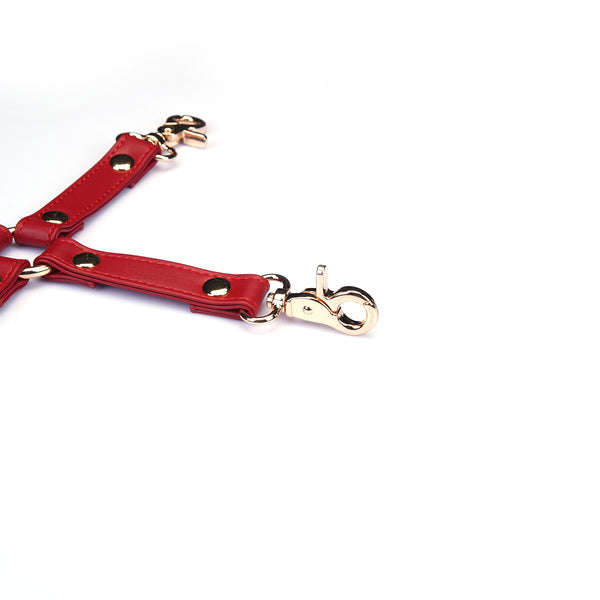 Red faux leather hog-tie with metallic clips and adjustment buckle features for bondage play, product code HT-80867RD
