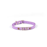 Purple Italian leather choker with gold 'SEXY' lettering and gemstones, adjustable buckle, SKU CL-80937PP