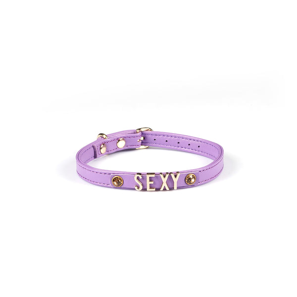 Purple Italian leather choker with gold 'SEXY' lettering and gemstones, adjustable buckle, SKU CL-80937PP