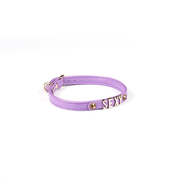 Purple Italian leather choker with gold 'SEXY' letters and gemstones, adjustable buckle for comfortable fit